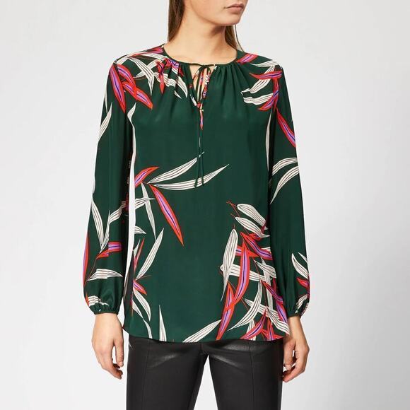 Diane Von Furstenberg Top Silk Bird Print Split Neck Long Sleeve Blouse Green 8 - Picture 1 of 7